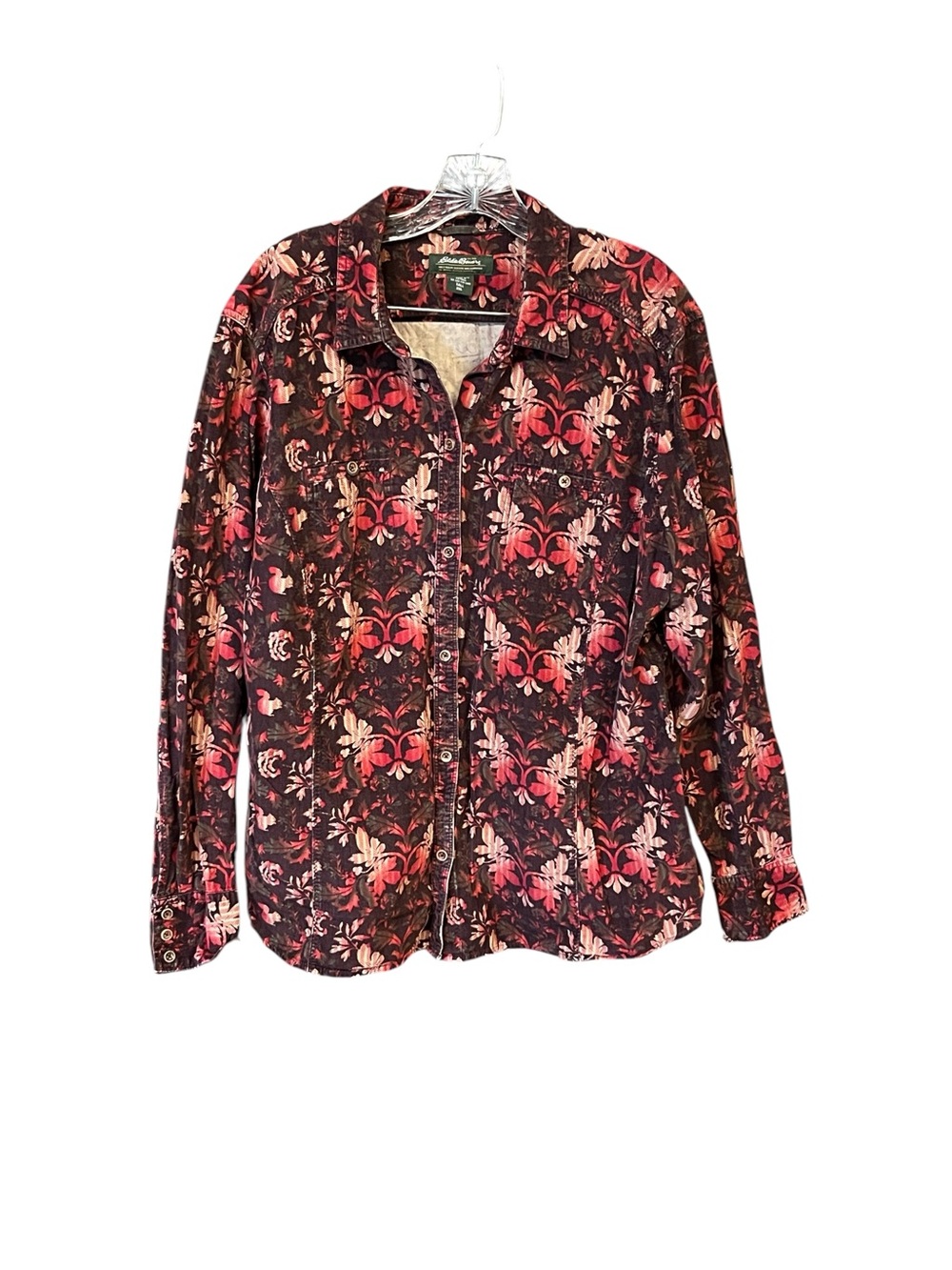Eddie Bauer Corduroy Shirt Women XXL Tall Burgundy Red Floral Button Up Boho